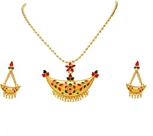 Assamese_Traditional_Gold_Plated_Red_Green_Colour_Joonbiri_Chain_Jewellery_Set_For_Women